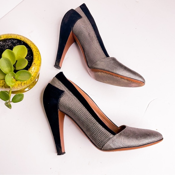 Alaia Shoes - Vintage ALAÏA PARIS Pumps Silver Snake Leather Black Suede Italy EU 37.5